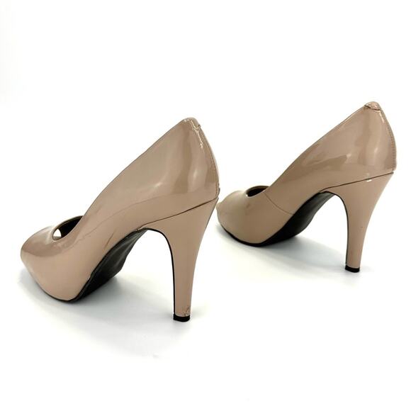 9 & CO Stiletto Pumps Size 7.5 Tan Faux Patent Leather Hidden Platform Peep-Toe - Picture 13 of 15